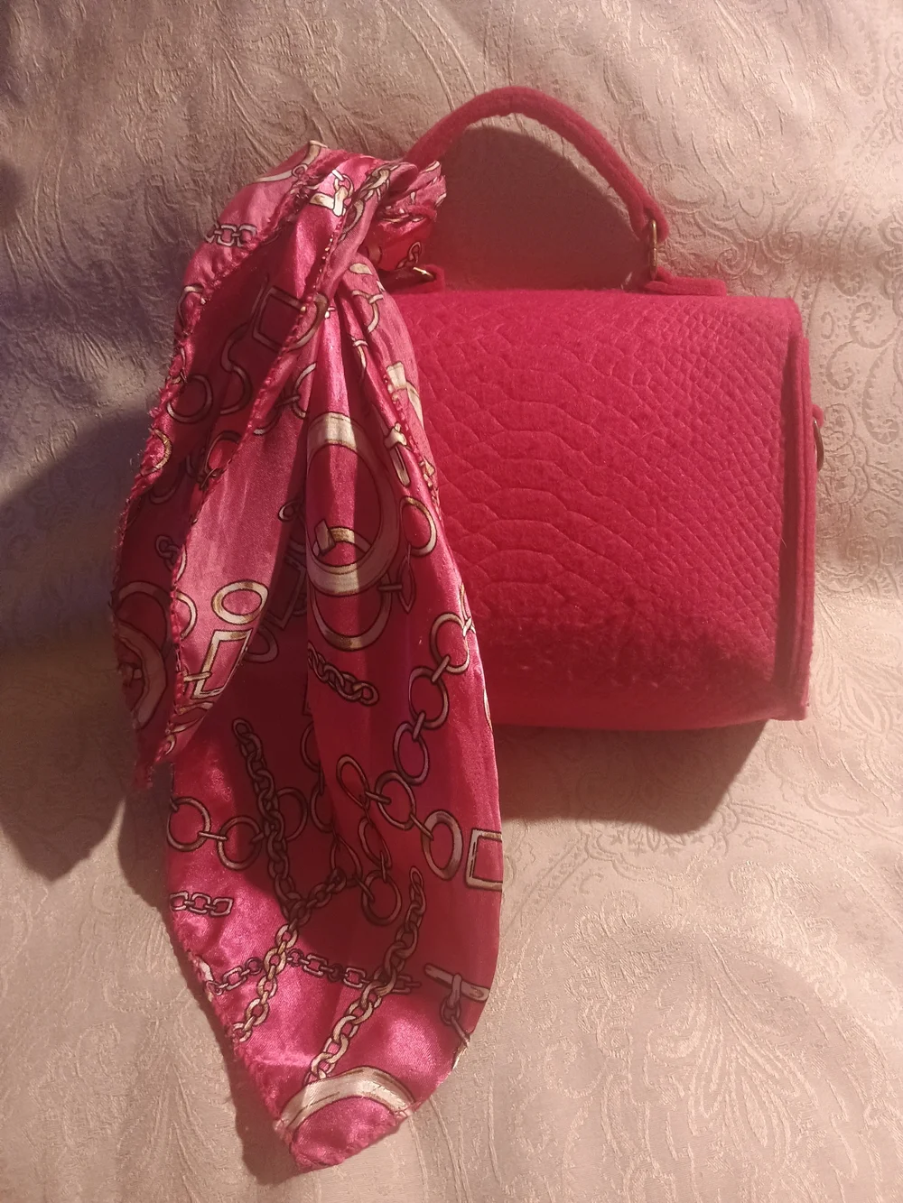 Structured Red Textured Satchel with Scarf Accent